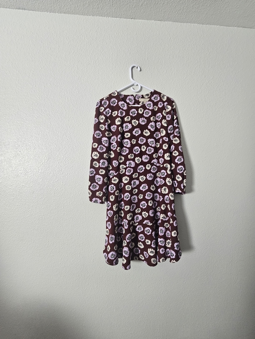 LOFT Burgundy Floral Long Sleeve Dress with Pink and Cream Flowers